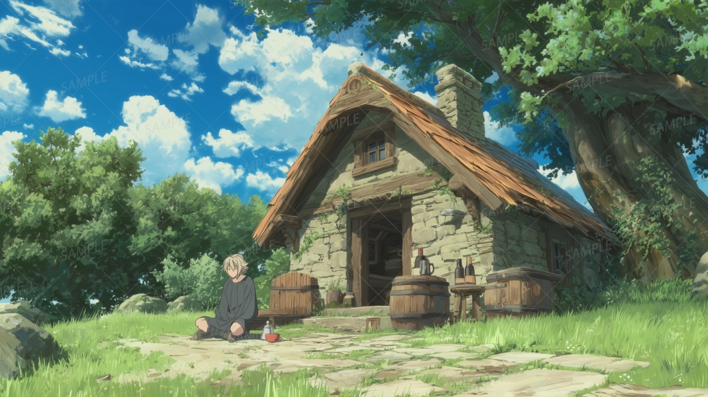 【一枚絵_0006】木陰の家で誰かの帰りを待つ一人