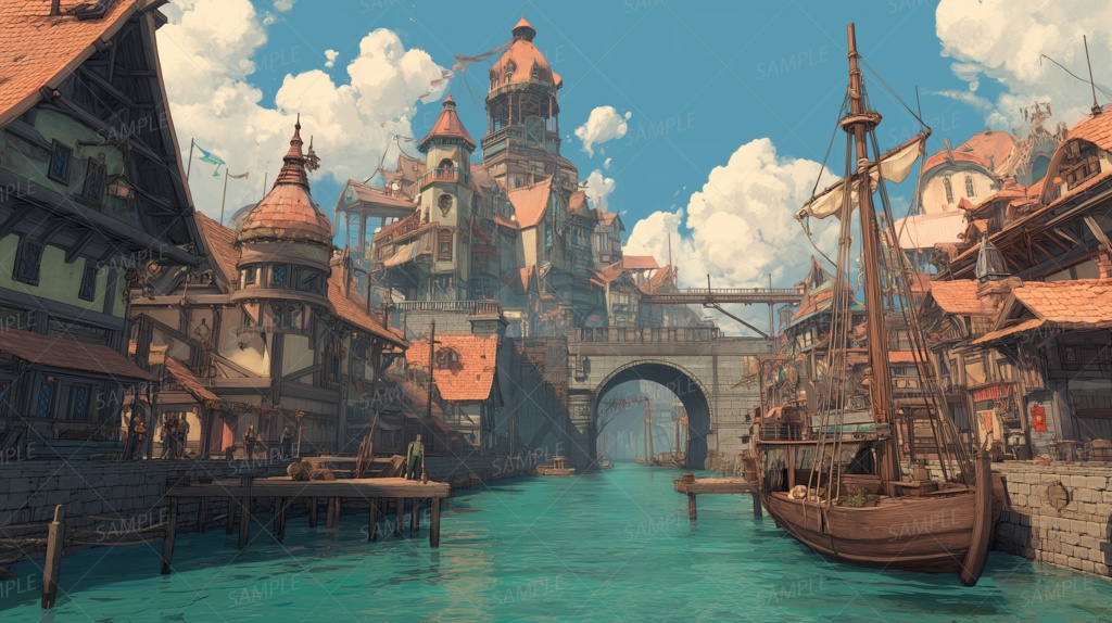 【背景_0028】赤屋根の市場と舟影揺れる運河