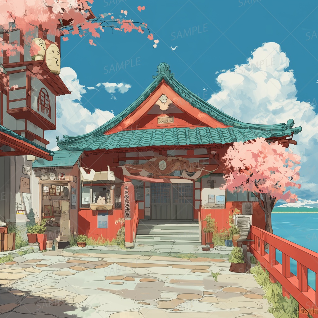 【背景_0040】海辺の神社と桜日和
