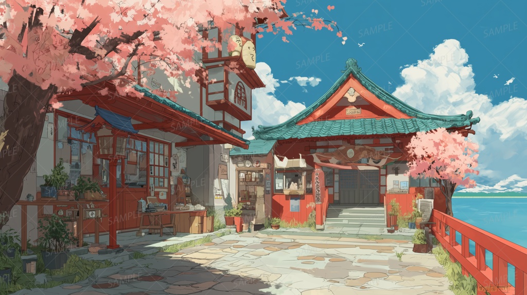【背景_0040】海辺の神社と桜日和