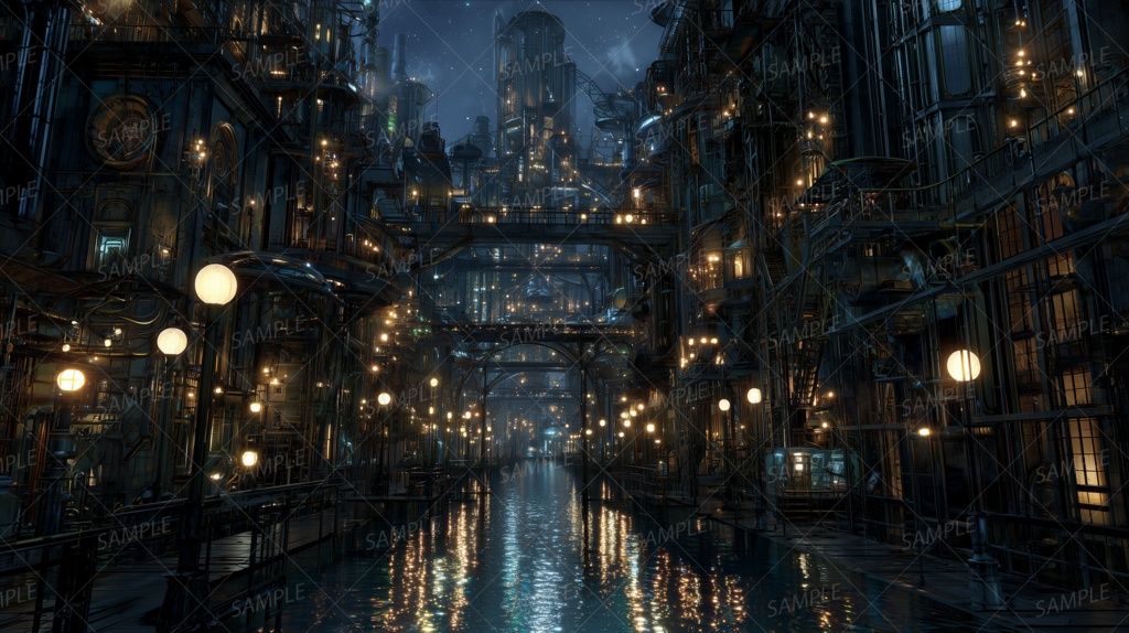 【背景_0063】灯雨の下の機構迷宮