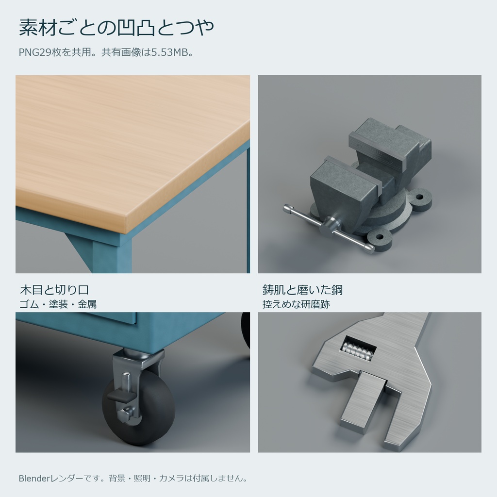 作業台・工具ワゴンと手工具の3Dセット