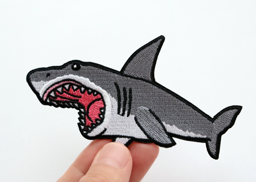 ワッペン ホホジロザメ かっこいいサメ 刺繍パッチ デザイン:Ren サイズ:横10cm×縦6.7cm アイロン接着 説明書付き