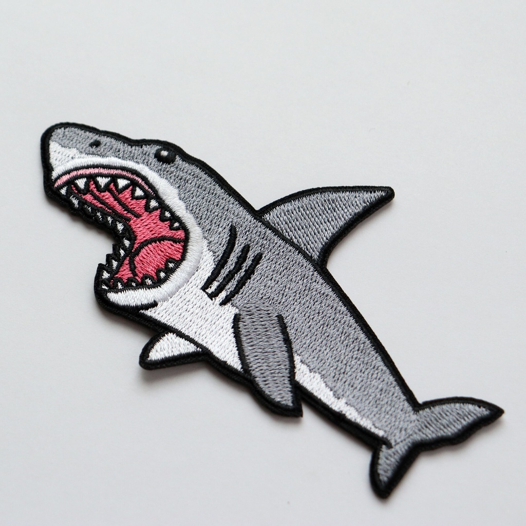 ワッペン ホホジロザメ かっこいいサメ 刺繍パッチ デザイン:Ren サイズ:横10cm×縦6.7cm アイロン接着 説明書付き