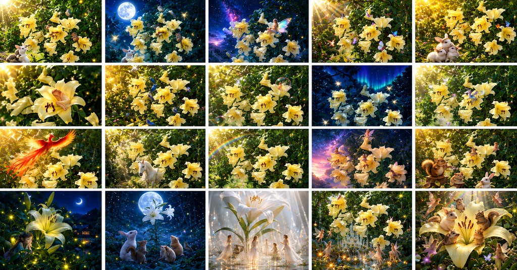 陽光に輝く黄色い百合が、20の幻想世界へ 妖精と小さな生命の物語｜スマホ＋PC 4K壁紙【全60ファイル】