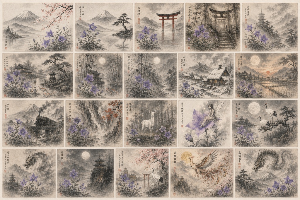 桔梗が彩る幻想の日本 ― 水墨画で巡る20の夢景色｜スマホ通常版＋高画質版＋PC 4K【全60ファイル】