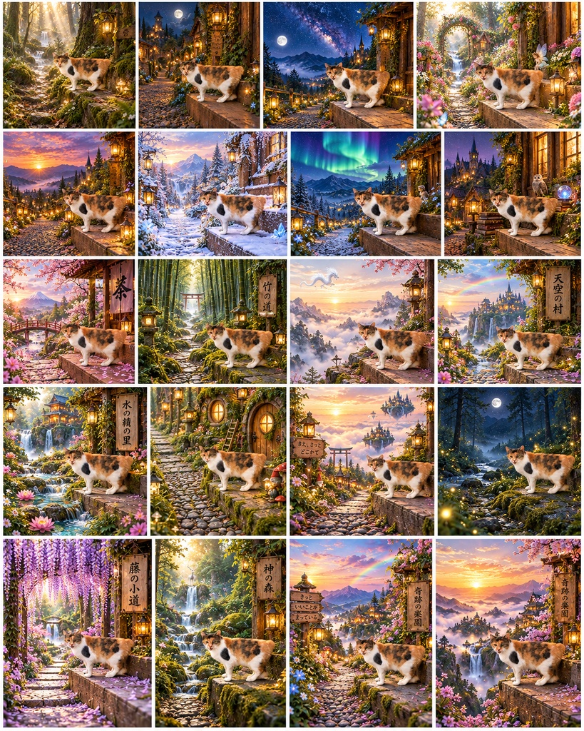 魔法の世界を巡る猫の旅｜スマホ＋PC 4K壁紙【20作品・全60ファイル】