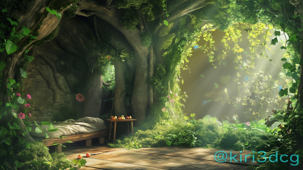 【動く!配信画面セット】緑に包まれた安らぎの寝室 vtuber様 配信者向け 雑談枠 歌枠などに♪ ファンタジー 森 植物 癒される 緑 蝶々 葉 Animated Background【背景ループ素材】