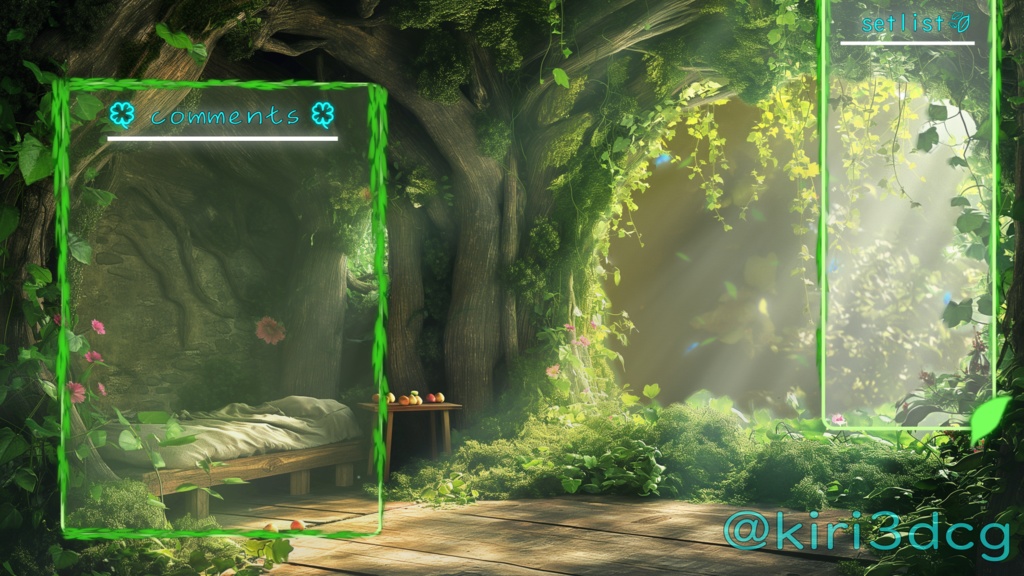 【動く!配信画面セット】緑に包まれた安らぎの寝室 vtuber様 配信者向け 雑談枠 歌枠などに♪ ファンタジー 森 植物 癒される 緑 蝶々 葉 Animated Background【背景ループ素材】