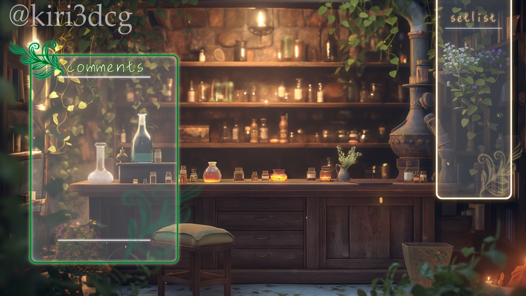 【配信画面セット】エルフの秘密の工房 vtuber様 配信者様向け 雑談枠 歌枠などに♪ 植物 森 ファンタジー 工房 緑 落ち着く Animated Background【背景ループ素材】