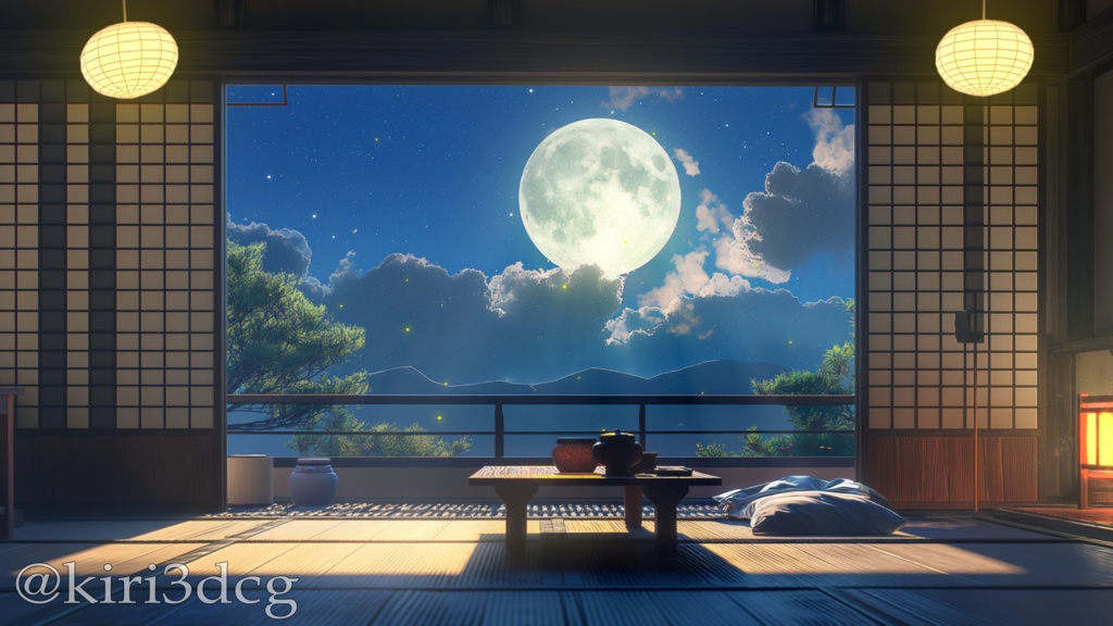 【動く!配信背景セット】月明かりが照らす和室 vtuberさん配信者さん向け 歌枠 雑談枠などに♪  配信背景 素材 和室 月 星空 Animated Background【背景ループ素材】