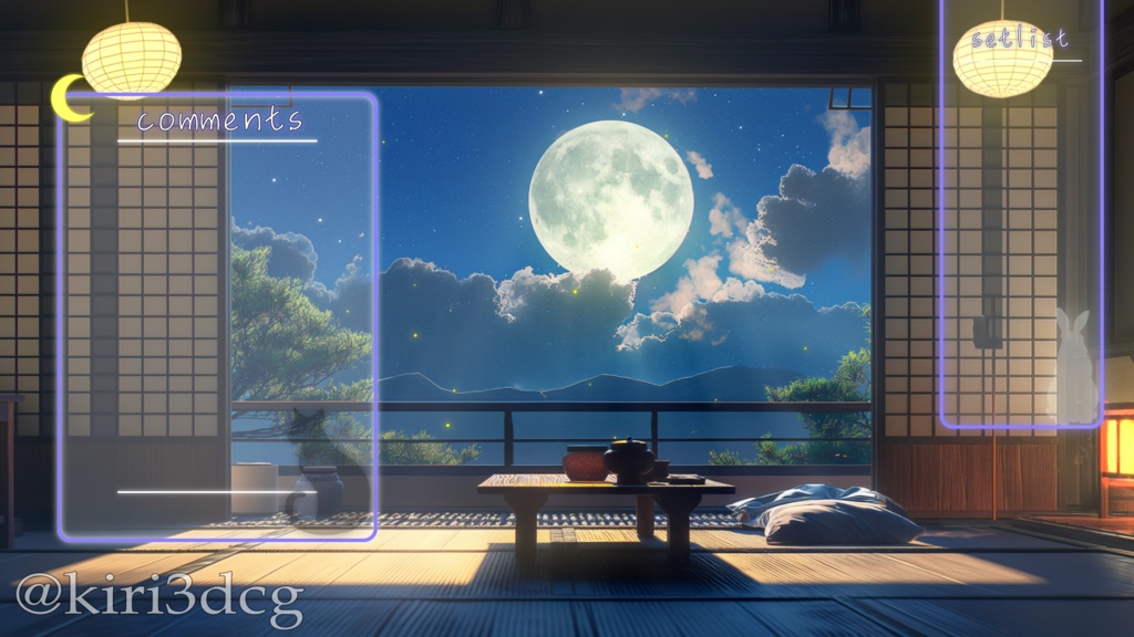 【動く!配信背景セット】月明かりが照らす和室 vtuberさん配信者さん向け 歌枠 雑談枠などに♪  配信背景 素材 和室 月 星空 Animated Background【背景ループ素材】