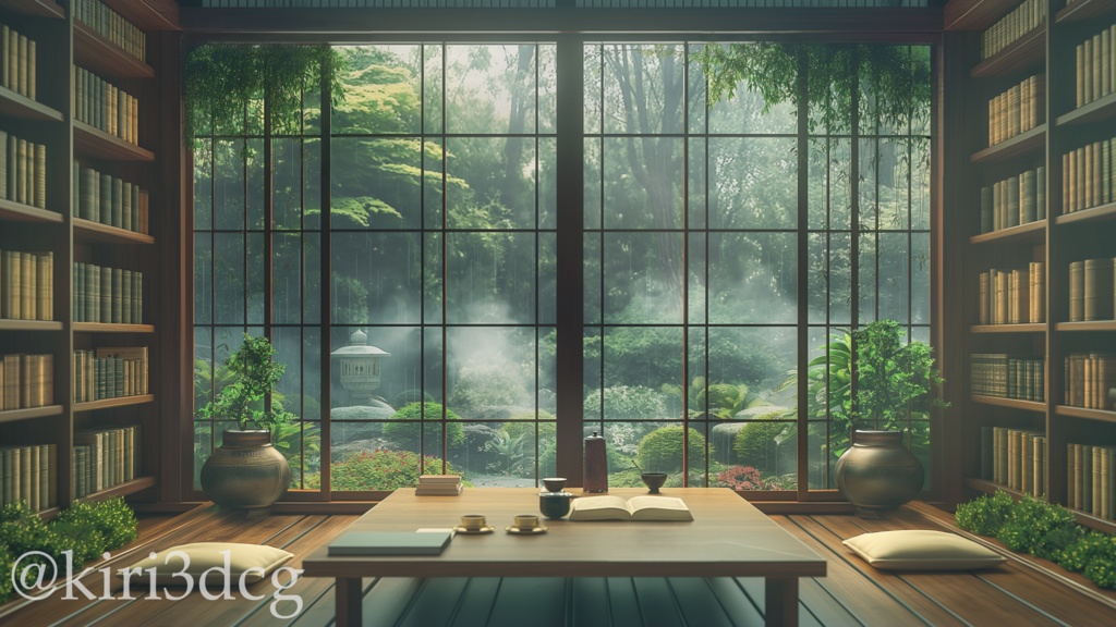 【背景ループ素材】雨の日の書斎 vtuber様 配信者様向け 歌枠 雑談枠などに♪ 配信背景 素材 和室 雨 梅雨 和風 庭 夏 昼 落ち着く 癒し Animated Background【背景素材】