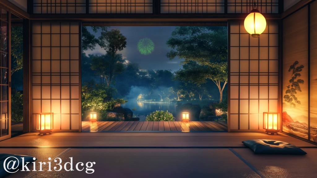 【背景ループ素材】和室から眺める花火 vtuber様 配信者様向け 雑談枠 歌枠などに♪ 落ち着く 夜 夏 花火 和室  firework Animated Background【動く!配信背景】
