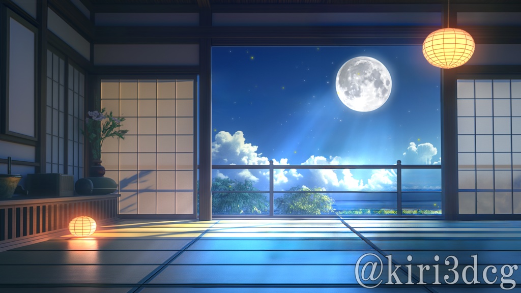 【動く!配信画面セット】月明かりが照らす和室ver2 vtuber様 配信者様向け 歌枠 雑談枠などに♪  配信背景 素材 和室 月 星空 Animated Background【背景ループ素材】