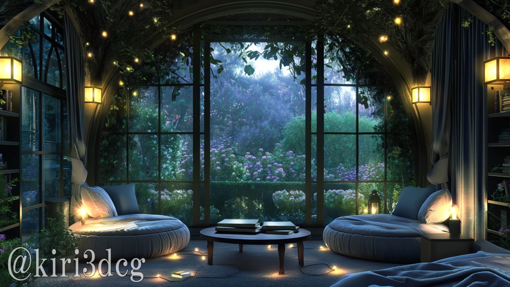 【動く!配信画面セット】ファンタジーな森の読書室 vtuber様 配信者様向け 歌枠 雑談枠などに♪ 配信背景 素材 夜 妖精 森 夜活 神秘的 幻想的 ファンタジー Animated Background【背景ループ素材】