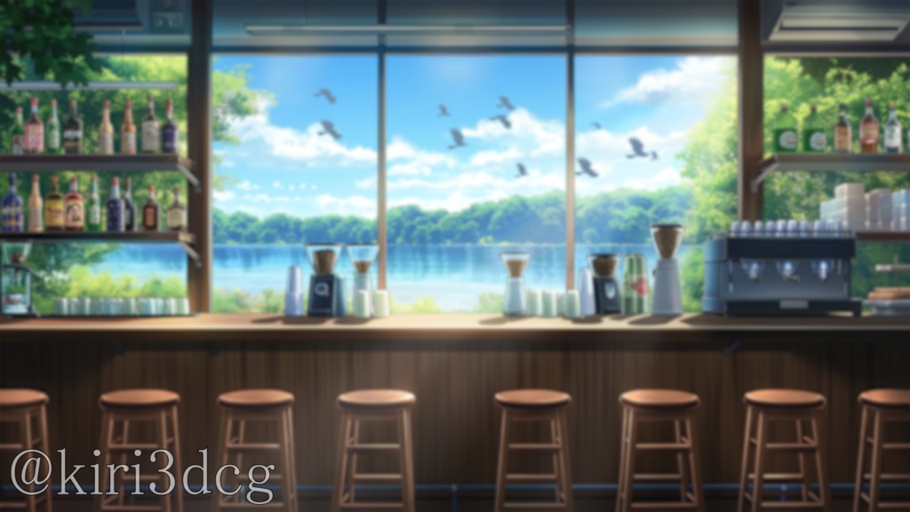 【動く!配信画面セット!】湖の見えるカフェバー vtuber様 配信者様向け 歌枠 雑談枠などに♪ 配信背景 背景 素材 朝活 朝 バー 鳥 湖 カフェ Animated Background【背景ループ素材】