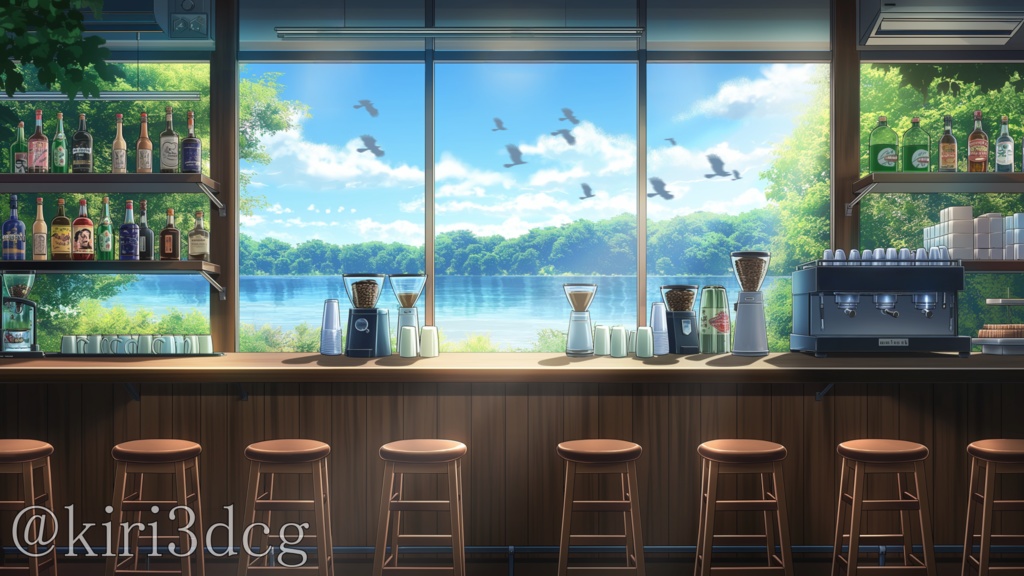 【動く!配信画面セット!】湖の見えるカフェバー vtuber様 配信者様向け 歌枠 雑談枠などに♪ 配信背景 背景 素材 朝活 朝 バー 鳥 湖 カフェ Animated Background【背景ループ素材】