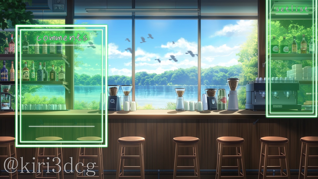 【動く!配信画面セット!】湖の見えるカフェバー vtuber様 配信者様向け 歌枠 雑談枠などに♪ 配信背景 背景 素材 朝活 朝 バー 鳥 湖 カフェ Animated Background【背景ループ素材】