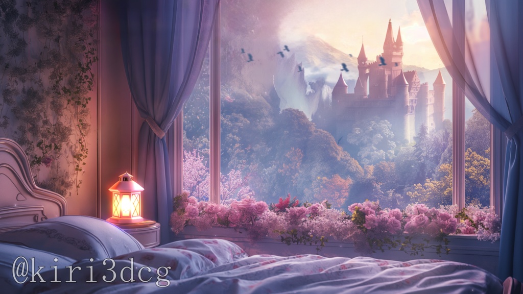 【動く!配信画面セット!】窓から眺めるお城 vtuber様 配信者様向け 歌枠 雑談枠などに♪  背景 配信素材 異世界 ファンタジー 寝室 お城 Animated Background【背景ループ素材】
