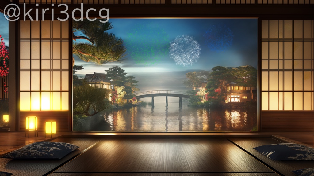 【動く!配信画面セット!】和室から眺める花火 ver2 vtuber様 配信者様向け 歌枠 雑談枠などに♪ 夏 夜 配信背景 花火 和室 素材 背景 Animated Background【背景ループ素材】