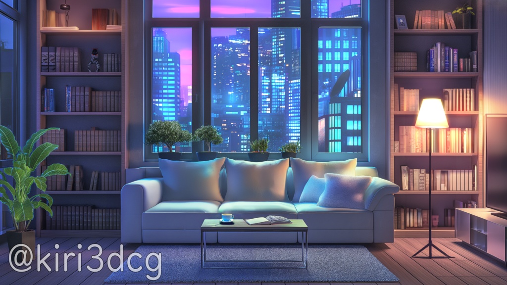 【配信画面セット!】夜景の見えるリビング vtuber様 配信者様向け 歌枠や雑談枠などに♪ 配信背景 素材 コーヒー リビング 夜景 モダン 本 Animated Background【背景ループ素材】