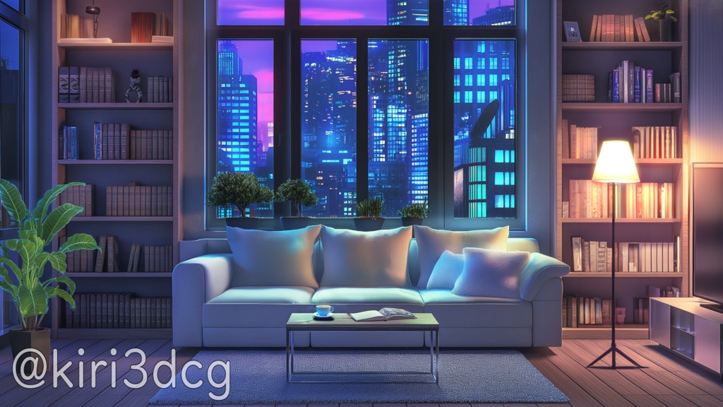 【配信画面セット!】夜景の見えるリビング vtuber様 配信者様向け 歌枠や雑談枠などに♪ 配信背景 素材 コーヒー リビング 夜景 モダン 本 Animated Background【背景ループ素材】