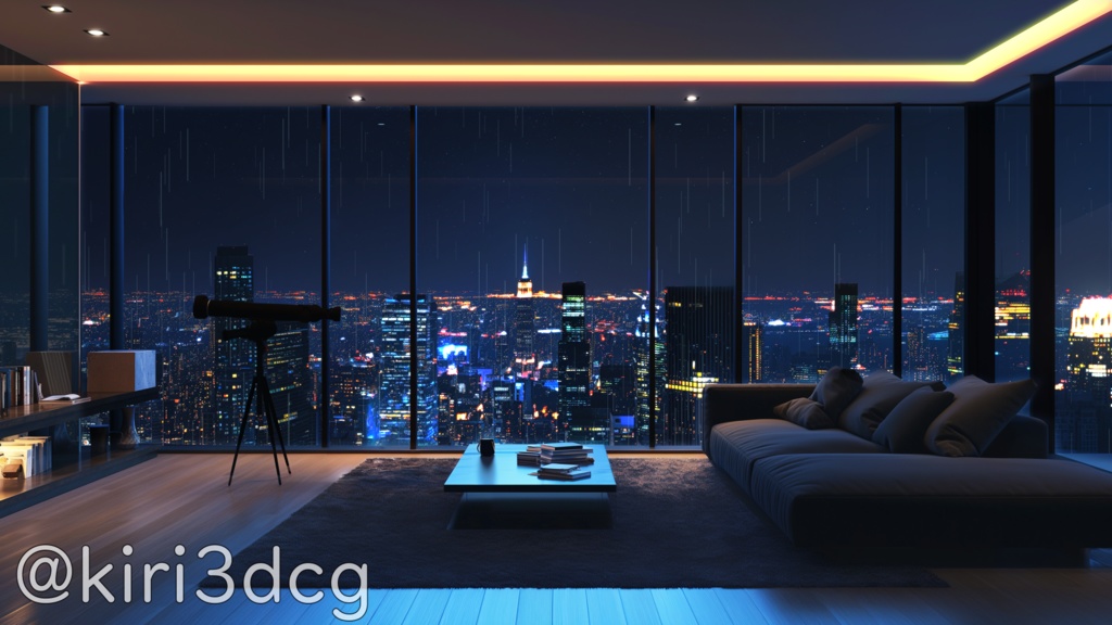 【動く!配信画面セット!】夜景に包まれたモダンリビングver2 vtuber様 配信者様向け 歌枠や雑談枠などに♪ 配信背景 素材 雨 リビング 夜景 モダン 星空 Animated Background【背景ループ素材】