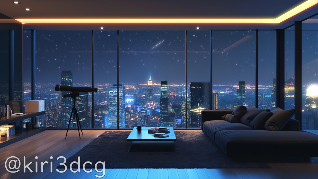 【動く!配信画面セット!】夜景に包まれたモダンリビングver2 vtuber様 配信者様向け 歌枠や雑談枠などに♪ 配信背景 素材 雨 リビング 夜景 モダン 星空 Animated Background【背景ループ素材】