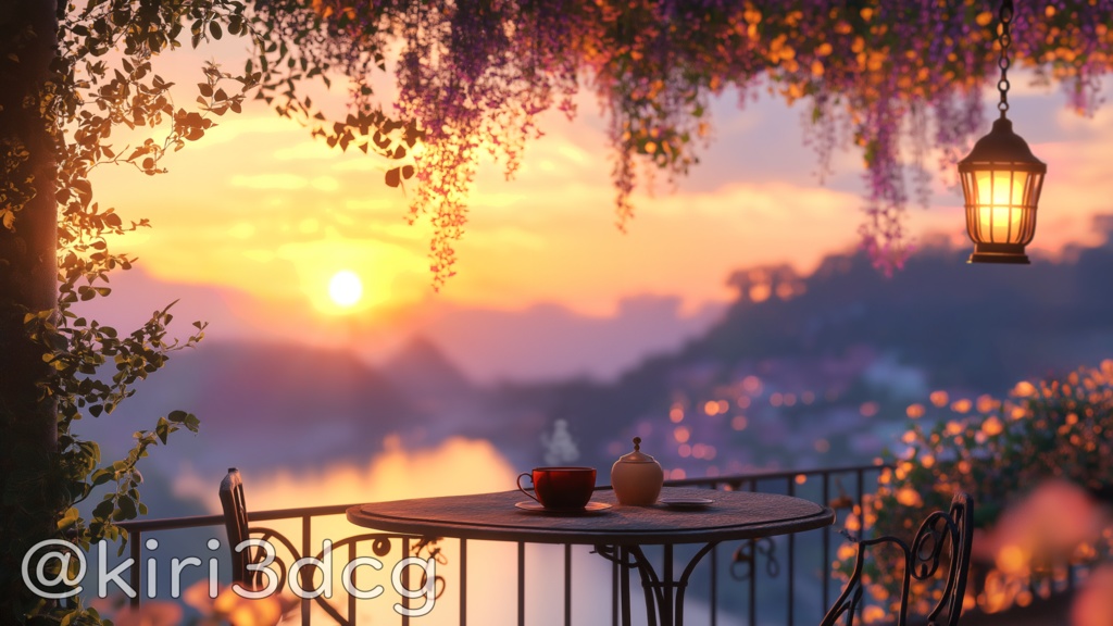 【動く!配信画面セット!】夕日の見えるカフェのバルコニー vtuber様 配信者様向け 歌枠 雑談枠などに♪ ファンタジー カフェ 夕日 バルコニー 配信背景 素材 背景 Animated Background【背景ループ素材】