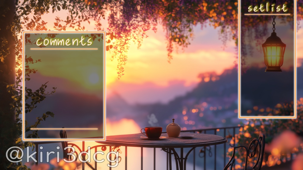 【動く!配信画面セット!】夕日の見えるカフェのバルコニー vtuber様 配信者様向け 歌枠 雑談枠などに♪ ファンタジー カフェ 夕日 バルコニー 配信背景 素材 背景 Animated Background【背景ループ素材】