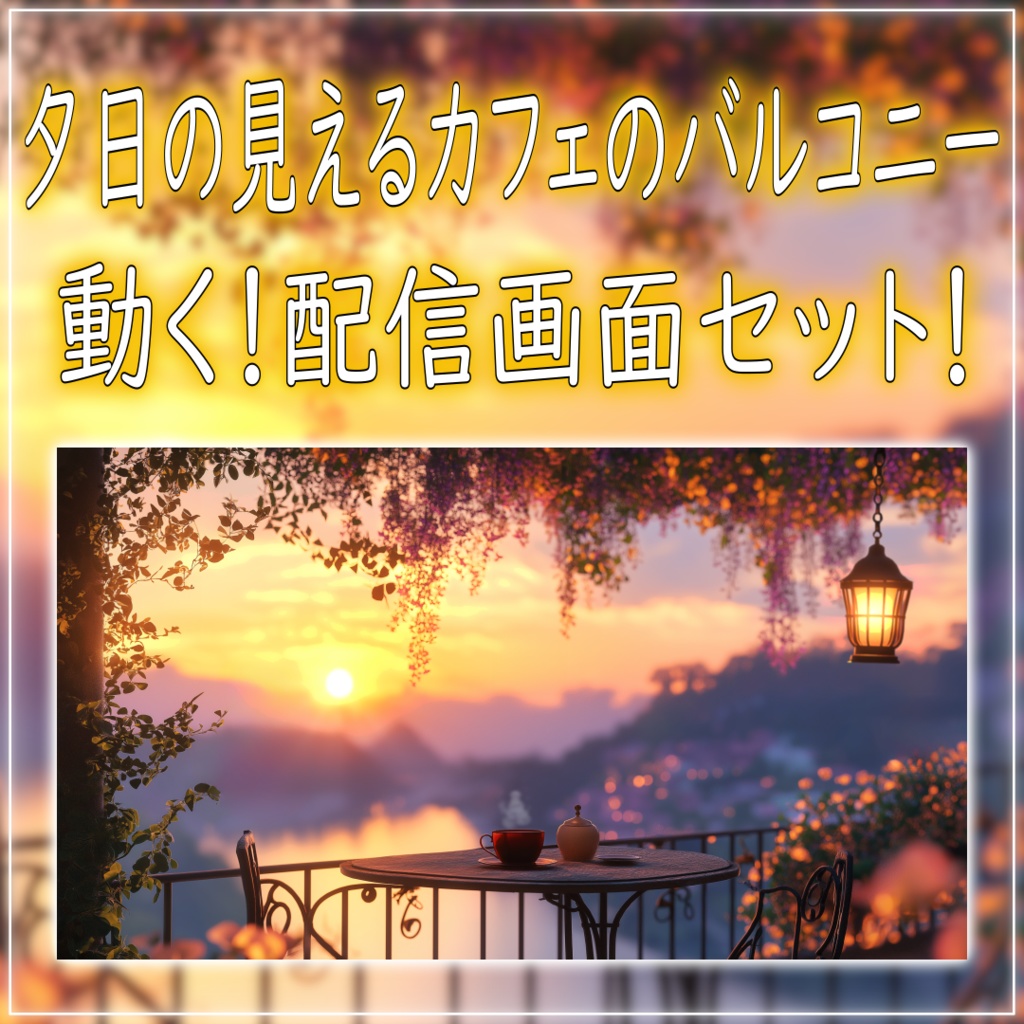 【動く!配信画面セット!】夕日の見えるカフェのバルコニー vtuber様 配信者様向け 歌枠 雑談枠などに♪ ファンタジー カフェ 夕日 バルコニー 配信背景 素材 背景 Animated Background【背景ループ素材】