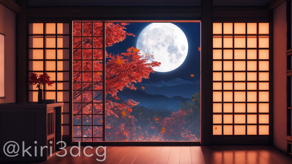 【配信画面セット!】紅葉舞う月夜の部屋 vtuber様 配信者様向け 歌枠 雑談枠などに♪ 配信背景 素材 夜 月 紅葉 夜活 癒し 秋素材 幻想的 Animated Background【背景ループ素材】