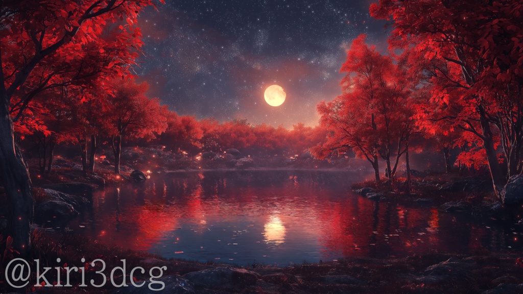 【配信画面セット!】紅の木々に包まれた夜の湖 vtuber様 配信者様向け 歌枠 雑談枠などに♪ 配信背景 素材 夜 月 紅 夜活 癒し 秋素材 幻想的 Animated Background【背景ループ素材】