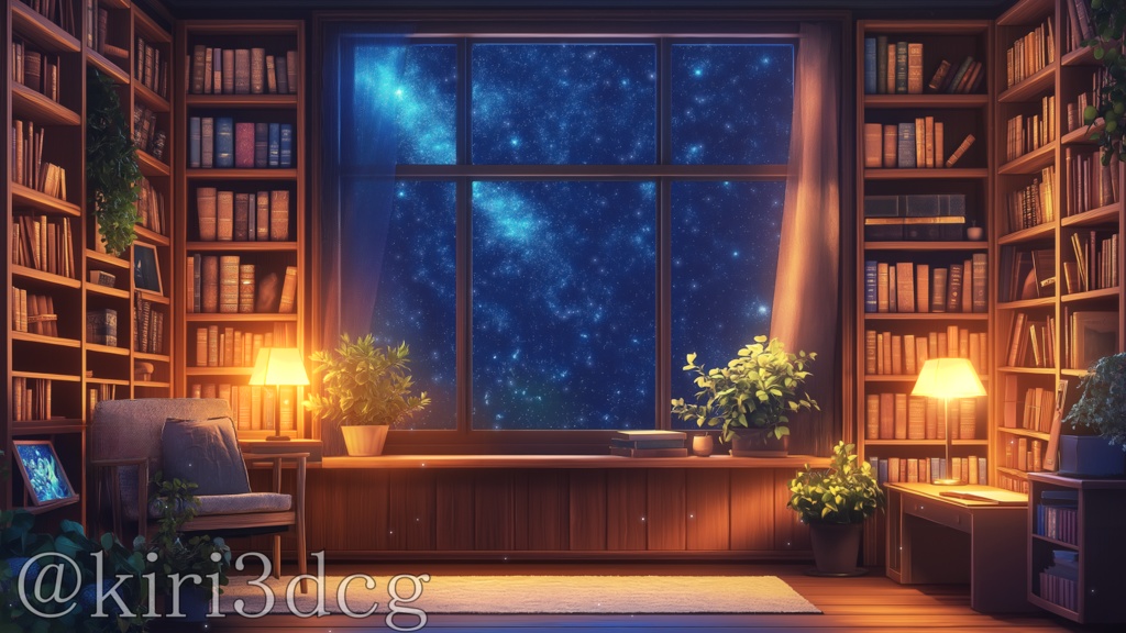 【配信画面セット!】星空の書斎 vtuber様 配信者様向け 歌枠 雑談枠などに♪ 夜 配信背景 書斎 星空 素材 背景 Animated Background【背景ループ素材】