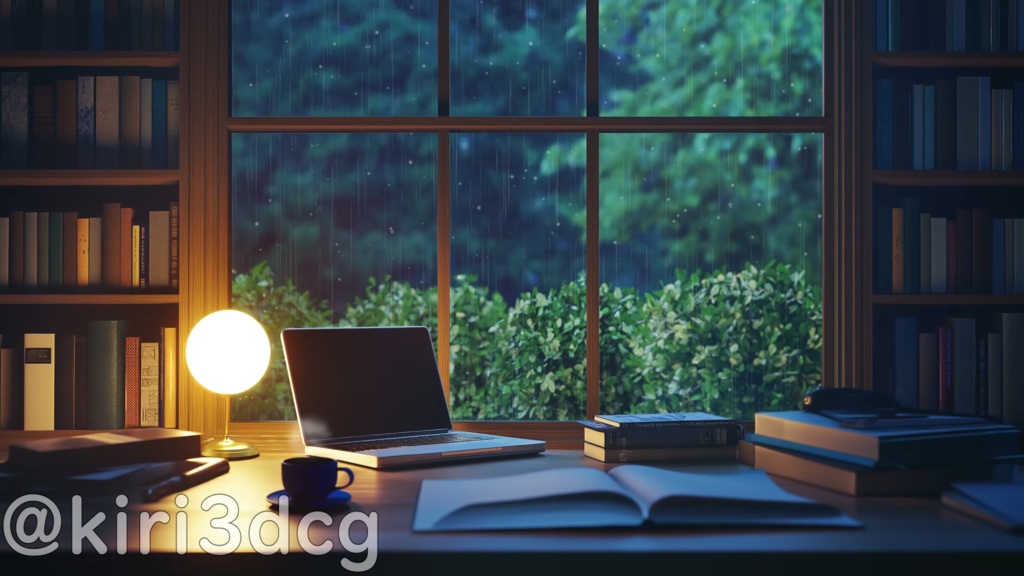 【配信画面セット!】雨の日のデスク vtuber様 配信者様向け 歌枠 雑談枠などに♪ 夜 雨 配信背景 書斎 デスク 素材 背景 Animated Background【背景ループ素材】