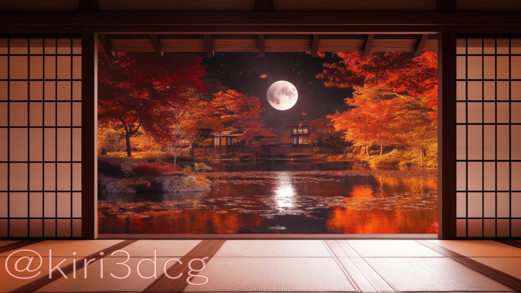 【動く!配信画面セット!】紅葉が散る和室 vtuber様 配信者様向け 歌枠 雑談枠などに♪ 配信背景 素材 夜 月 紅葉 和室 夜活 癒し 池 秋素材 幻想的 Animated Background【背景ループ素材】