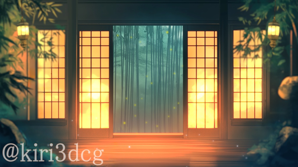【動く!配信背景セット!】静かな竹林の部屋 vtuber様 配信者様向け 歌枠 雑談枠などに♪  夜 配信背景 竹 蛍 七夕 素材 背景 Animated Background【背景ループ素材】