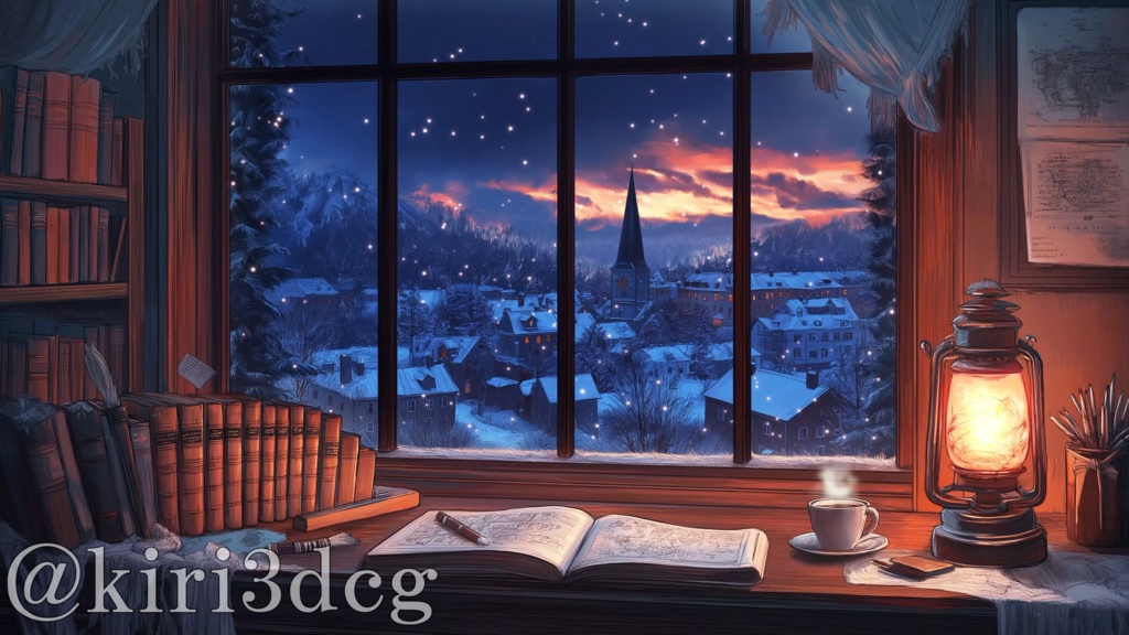 【配信画面セット!】雪の夜景とアンティーク書斎 vtuber様 配信者様向け 歌枠 雑談枠などに♪ 配信背景 書斎 雪 冬 夜 窓 素材 背景 Animated Background【背景ループ素材】