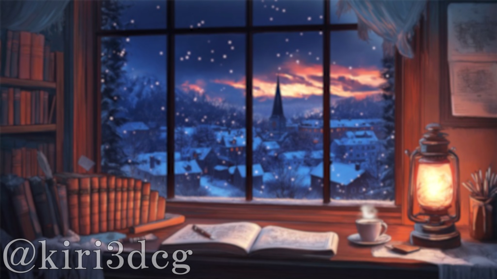 【配信画面セット!】雪の夜景とアンティーク書斎 vtuber様 配信者様向け 歌枠 雑談枠などに♪ 配信背景 書斎 雪 冬 夜 窓 素材 背景 Animated Background【背景ループ素材】