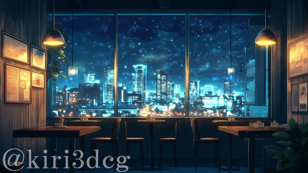 【配信画面セット!】星空と夜景が見えるカフェ vtuber様 配信者様向け 雑談枠などに♪ 配信背景 素材 流れ星 夜景 コーヒー カフェ 本 Animated Background【背景ループ素材】
