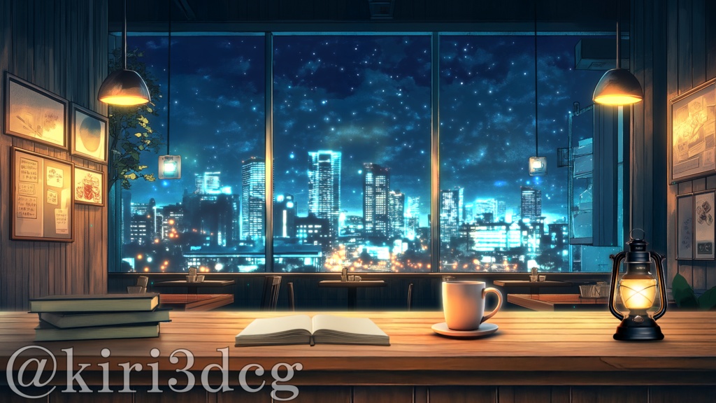 【配信画面セット!】星空と夜景が見えるカフェ vtuber様 配信者様向け 雑談枠などに♪ 配信背景 素材 流れ星 夜景 コーヒー カフェ 本 Animated Background【背景ループ素材】