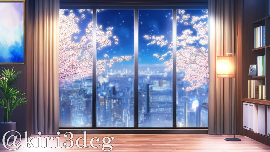 【動く!配信画面セット!】都会の夜桜を望む部屋 vtuber様 配信者様向け 歌枠 雑談枠などに♪ 配信背景 桜 幻想的 夜桜 洋室 さくら 星 素材 背景 Animated Background【背景ループ素材】