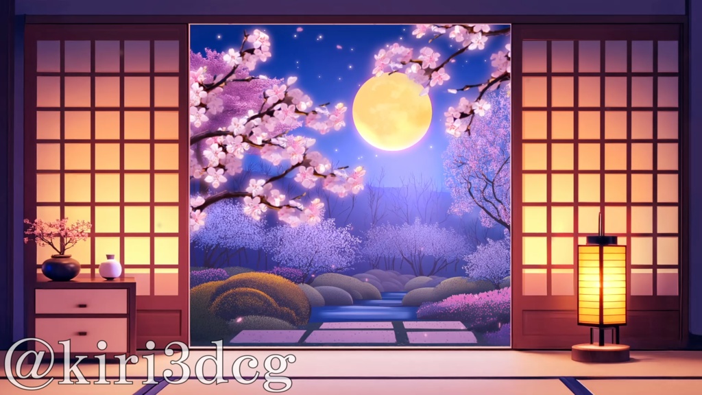 【動く!配信画面セット!】満月と夜桜を眺める和室 vtuber様 配信者様向け 歌枠 雑談枠などに♪ 配信背景 桜 幻想的 月 さくら 夜 素材 背景 Animated Background【背景ループ素材】