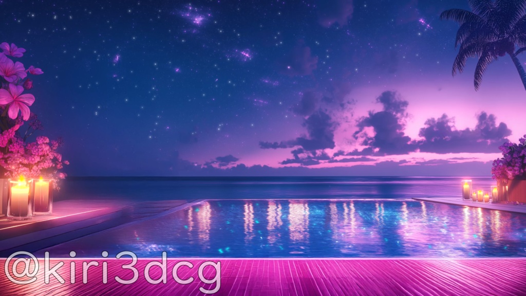 【動く!配信画面セット!】南国のプールサイド vtuber様 配信者様向け 歌枠 雑談枠などに♪ 配信背景 星 流れ星 プール 夜 素材 背景 Animated Background【背景ループ素材】