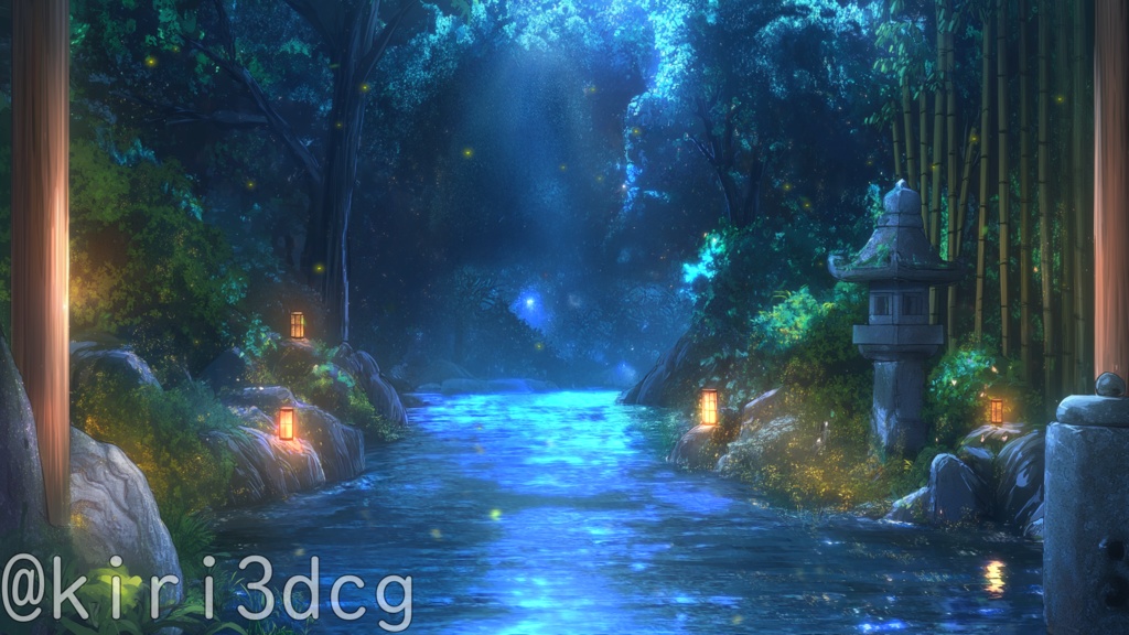 【動く!配信画面セット!】蛍舞う水辺の夜 vtuber様 配信者様向け 歌枠 雑談枠などに♪ 配信背景 夜 水 蛍 夏 素材 背景 Animated Background【背景ループ素材】