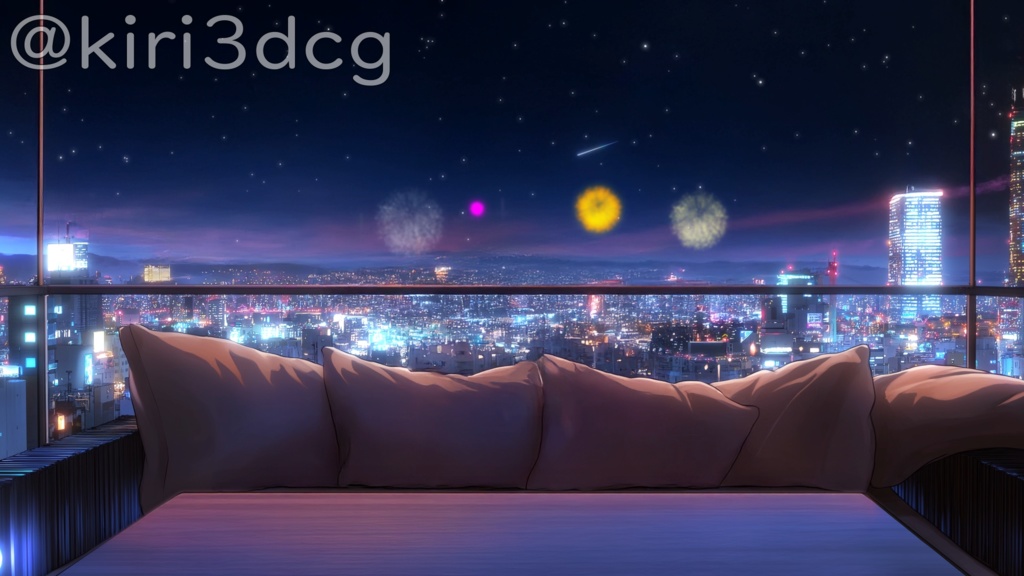 【動く!配信背景セット!】ビルの屋上から眺める夜景 vtuber様 配信者様向け 歌枠 雑談枠などに♪ 配信背景 ビル 夜 花火 夜景 夏 素材 背景 Animated Background【背景ループ素材】