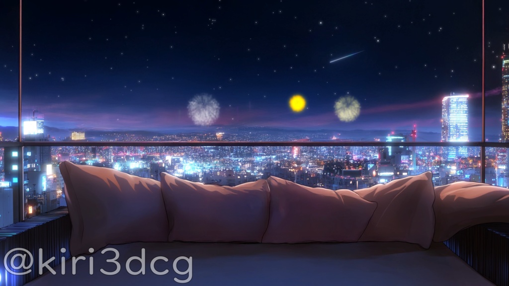 【動く!配信背景セット!】ビルの屋上から眺める夜景 vtuber様 配信者様向け 歌枠 雑談枠などに♪ 配信背景 ビル 夜 花火 夜景 夏 素材 背景 Animated Background【背景ループ素材】