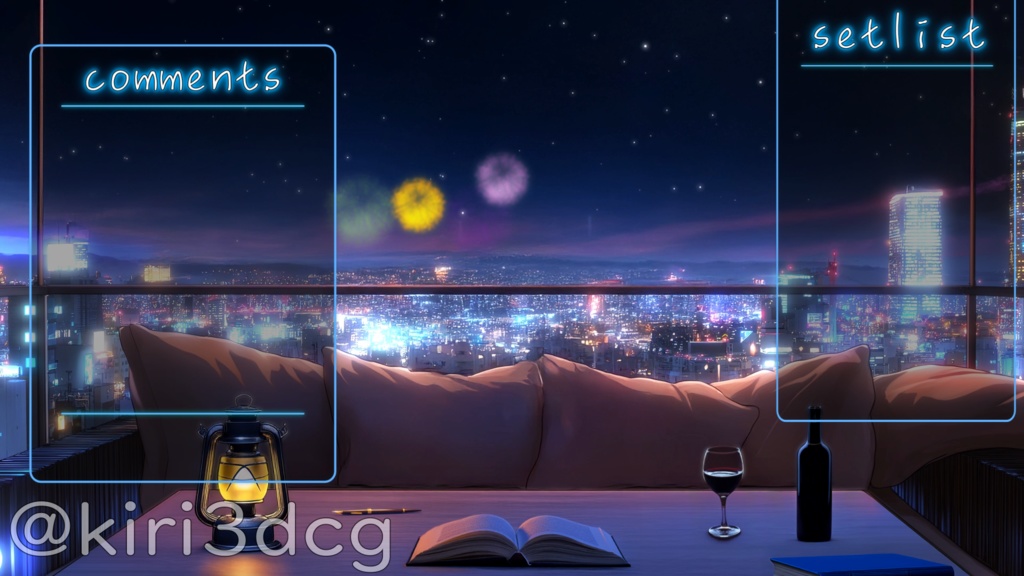 【動く!配信背景セット!】ビルの屋上から眺める夜景 vtuber様 配信者様向け 歌枠 雑談枠などに♪ 配信背景 ビル 夜 花火 夜景 夏 素材 背景 Animated Background【背景ループ素材】