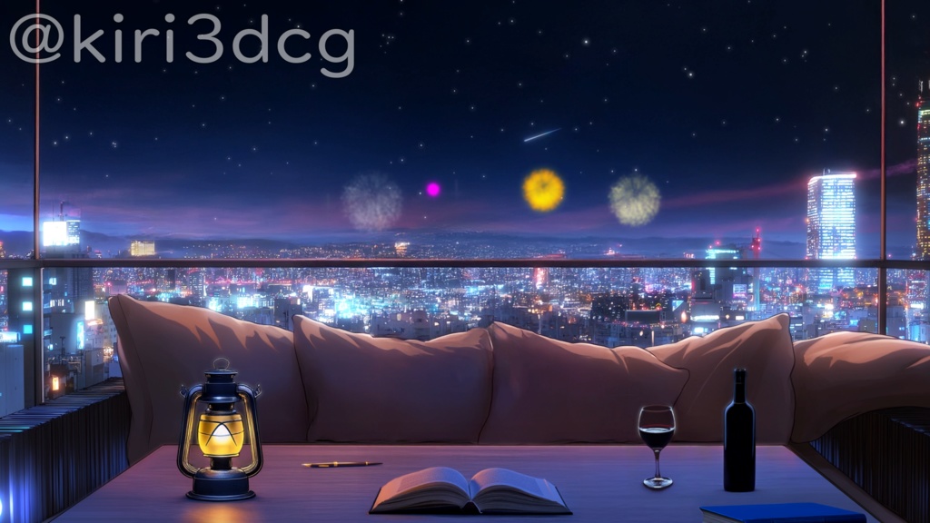 【動く!配信背景セット!】ビルの屋上から眺める夜景 vtuber様 配信者様向け 歌枠 雑談枠などに♪ 配信背景 ビル 夜 花火 夜景 夏 素材 背景 Animated Background【背景ループ素材】